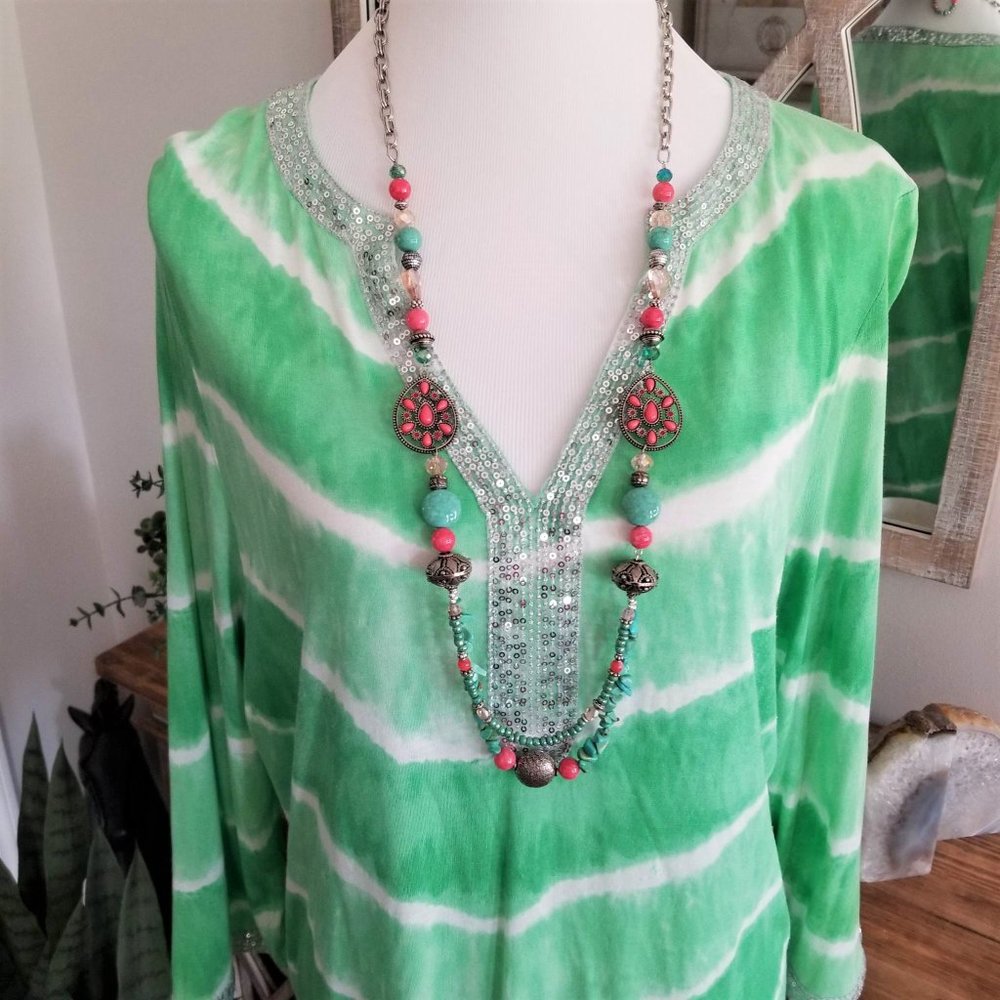 INC International Concepts Top Tunic Green & White Tie Dye Sequins Size 0X - Picture 3 of 12